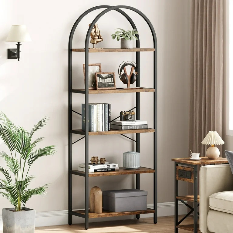 Vintage Modern Arched Bookcase \u2013 5-Tier Tall Open Bookshelf \u2013 Black Iron Frame, Vintage... | Walmart (US)