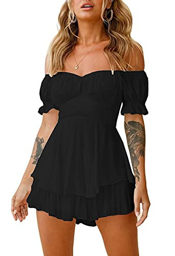 Ahtyeo Womens Casual Off Shoulder Black Romper Double Layer Ruffle Hem Waist Tie Sexy Jumpsuits Short Sleeve Mini Satin Dress Medium | Amazon (US)