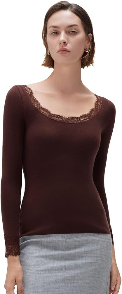 SUUKSESS Cloud Cashmere Women Lace Scoop Neck Tops Basic Long Sleeve Knit Shirts | Amazon (US)