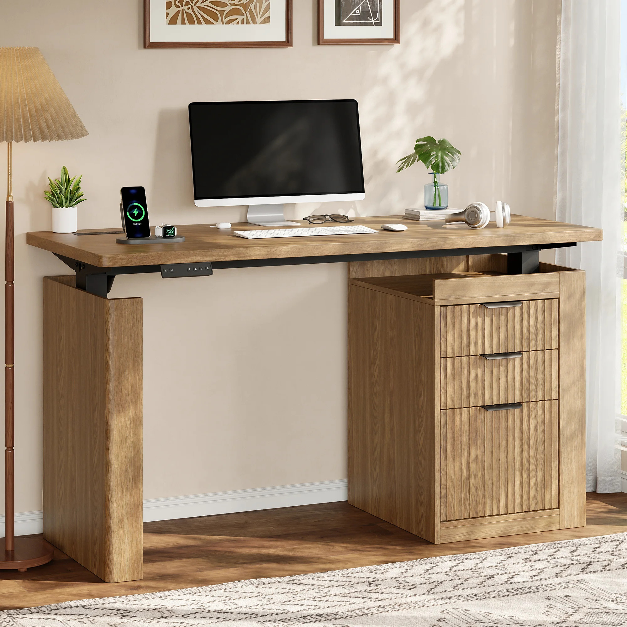 Electric Standing Desk with 3 Drawers, Height Adjustable Desk with File Cabinet, Executive Computer Wood Desk for Office, Study Writing Room | Wayfair North America