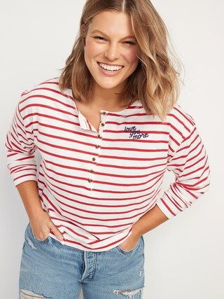 Loose Mariner-Stripe Long-Sleeve Henley T-Shirt for Women | Old Navy (US)