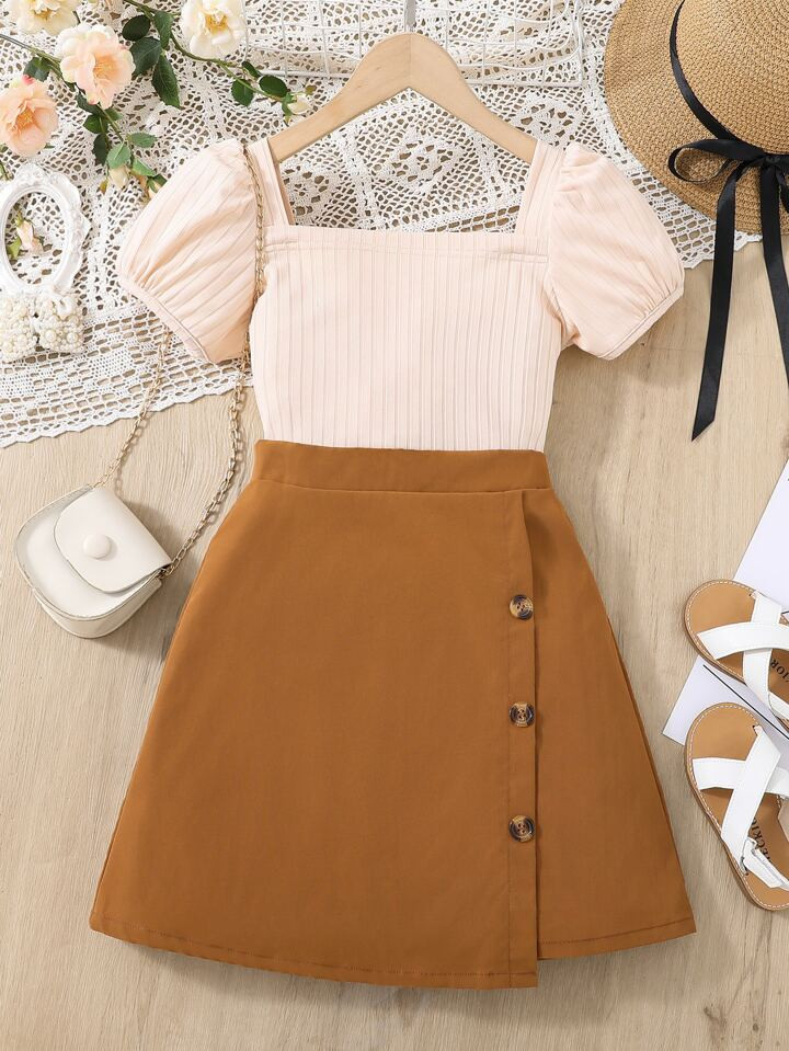 SHEIN Tween Girl Puff Sleeve Tee & Button Detail Skirt | SHEIN