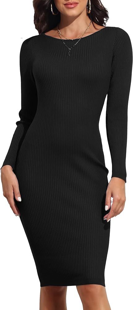 PrettyGuide Women's Boat Neck Bodycon Sweater Dress Long Sleeve Slim Fit Solid Ribbed Knit Midi Pull | Amazon (US)