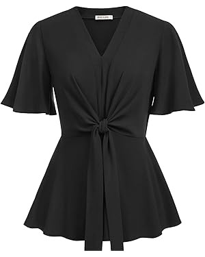 GRACE KARIN 2024 Women's Elegant V Neck Peplum Tops Tie Front Short Bell Sleeve Shirts Tops Blous... | Amazon (US)