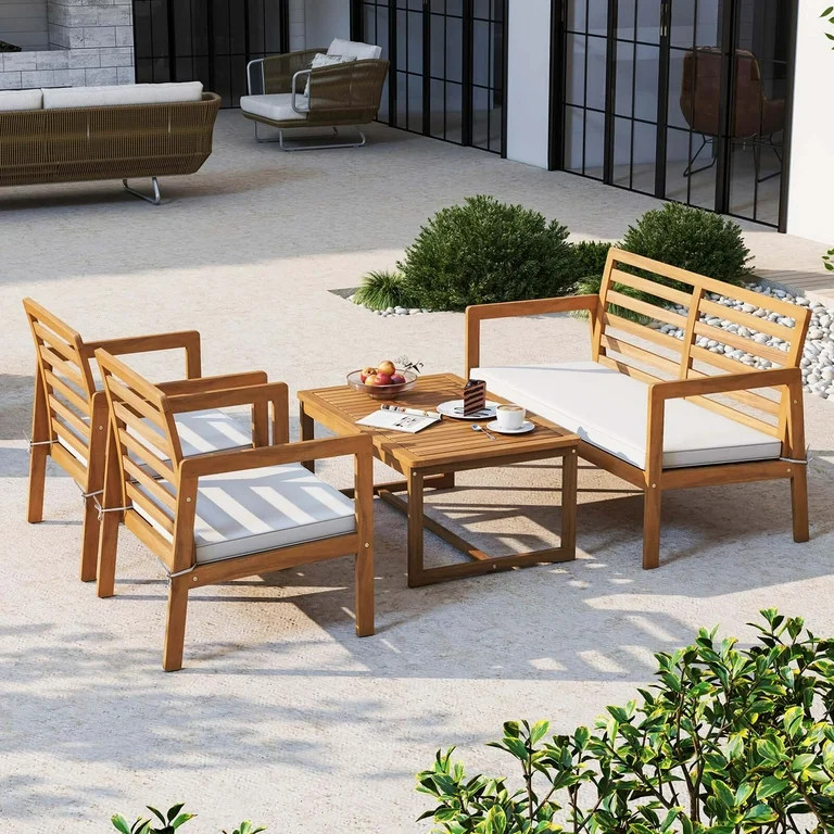 Costway 4 PCS Wood Patio Furniture Set with Soft Seat Cushions Solid Acacia Wood Frame | Walmart (US)