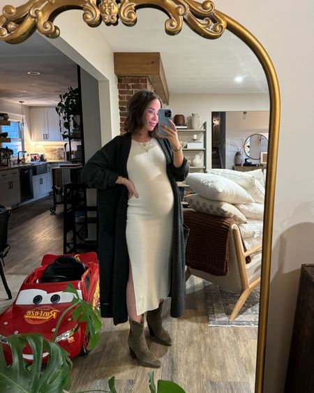 Yesterday’s dinner outfit 🤍🤍 linked a similar dress and cardigan combo! Boots are the exact ones and a favorite of mine. So comfortable to wear! Run true to size 

Bump friendly, 28 week bump, bump style, ribbed dress, sweater dress, duster cardigan, revolve, raye boots 

#LTKbump #LTKfindsunder100 #LTKSeasonal