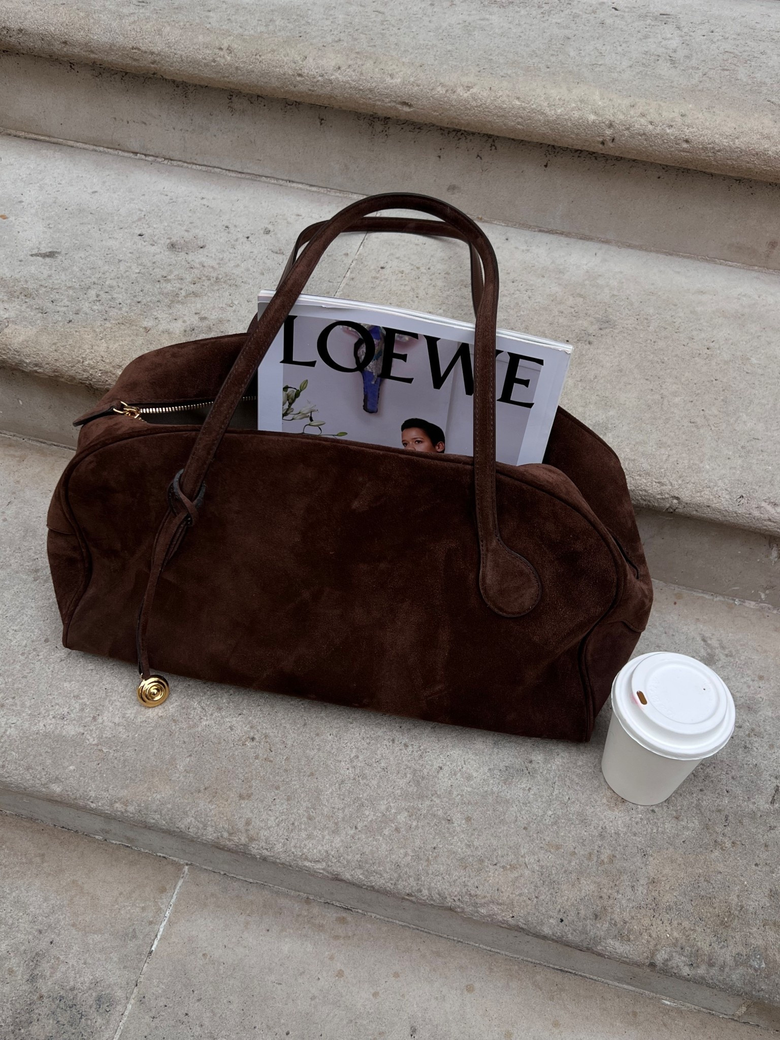 Brown suede bowling bag  | a great work bag
