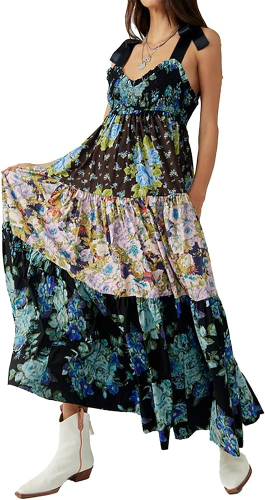 Women Floral Boho Sundress Tie Shoulder Smocked Patchwork Flowy Maxi Dresses with Pockets Summer ... | Amazon (US)
