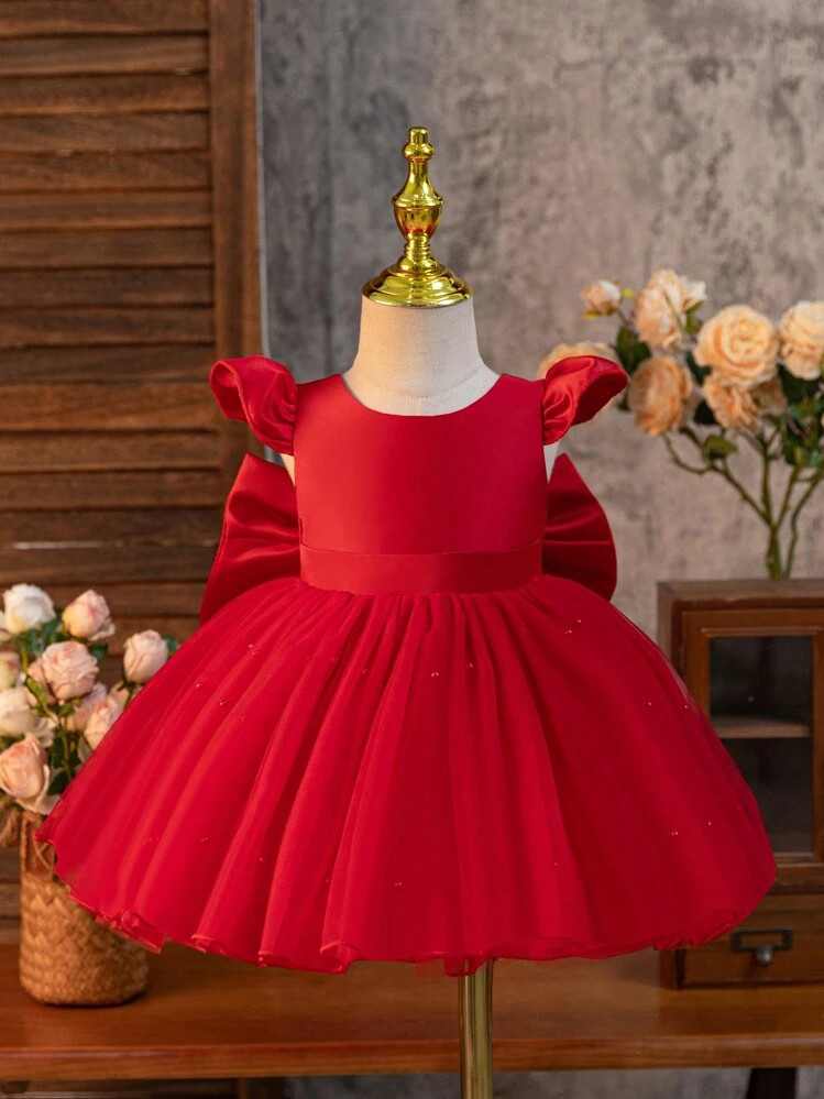 SHEIN Glamorique Kids Christmas/Halloween Princess Dress For Baby Girls, Red Satin Cap Sleeve, Fu... | SHEIN