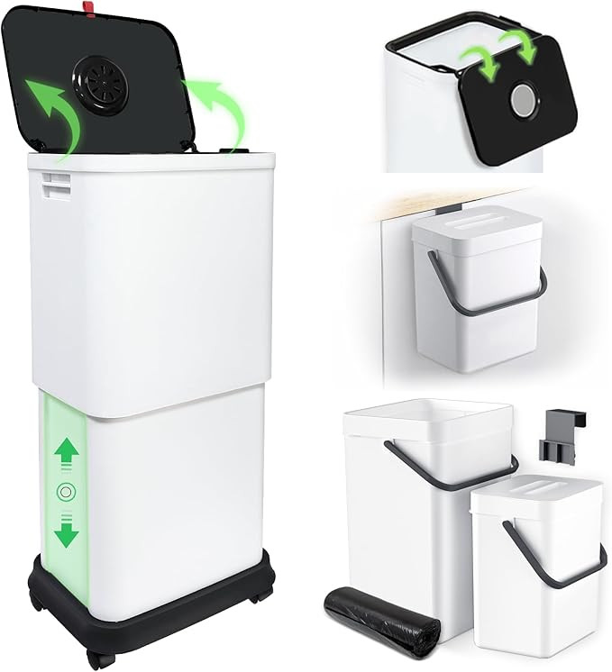 Gintan 13 Gallon Trash Can with Lid, 25-45 L Altitude Variable Bin, Garbage Can with Wheels for K... | Amazon (US)