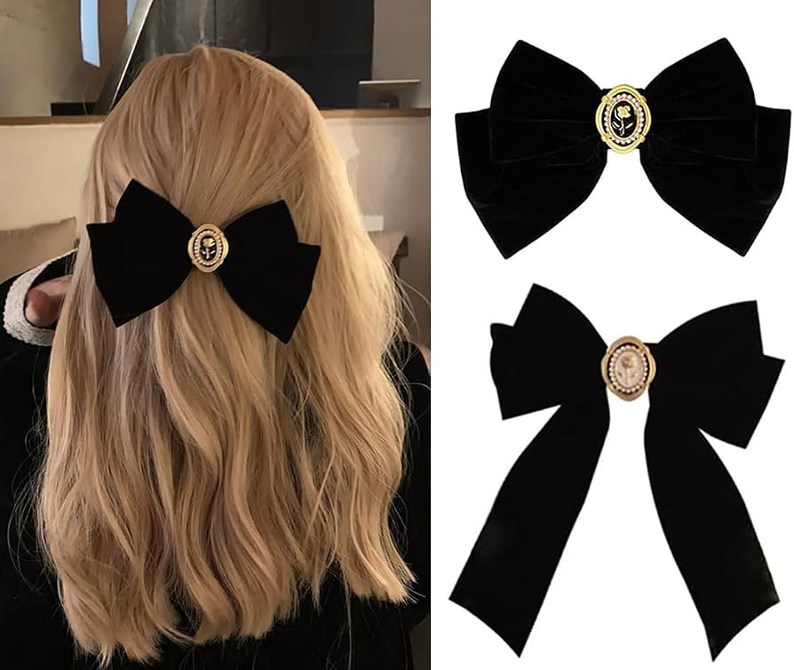 2 Pcs Velvet Hair Bows Black Ribbon Clips, Cute Duckbill Clip Hair Decor, Rose pearl Elegant Desi... | Amazon (US)