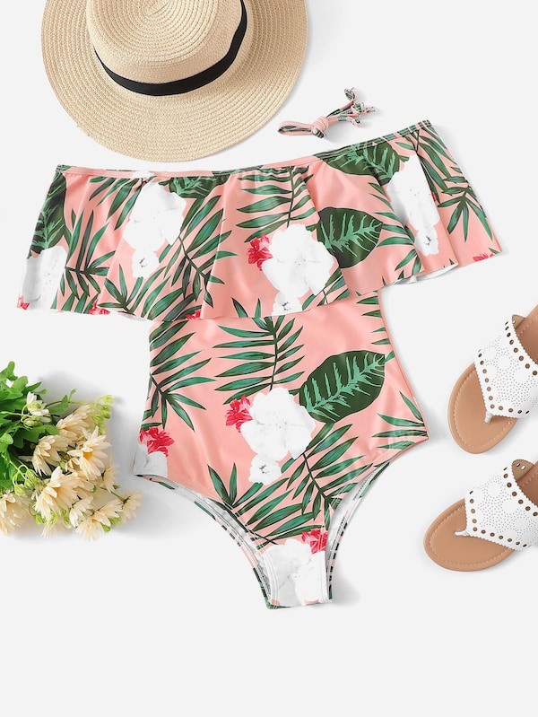 Tropical Print Ruffle Trim One Piece Swimsuit | SHEIN