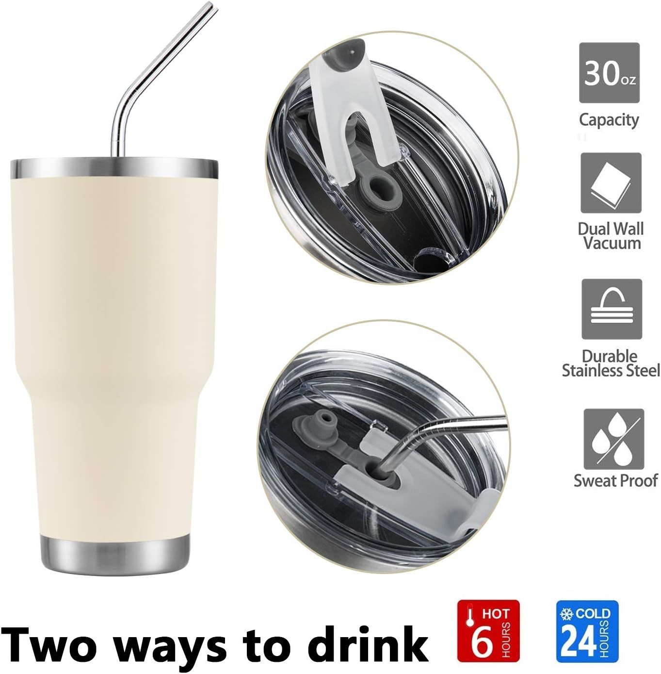 30oz Cream Tumbler Stainless Steel Insulated Travel Mug with Straw Lid Cleaning Brush (30oz Cream... | Amazon (US)