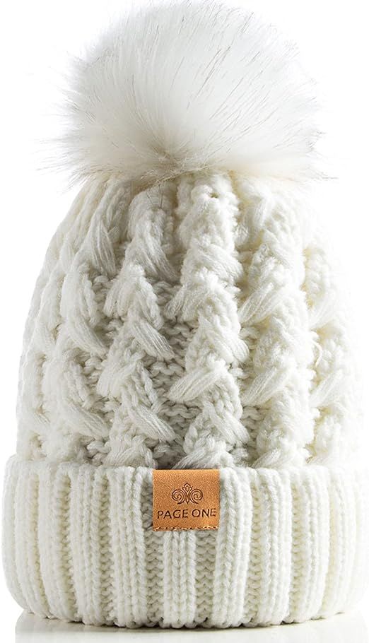 PAGE ONE Womens Winter Ribbed Beanie Crossed Cap Chunky Cable Knit Pompom Soft Warm Hat White at ... | Amazon (US)