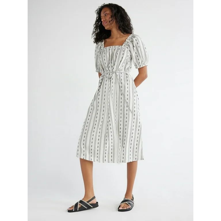 Time and Tru Women's Square Neck Midi Dress with Belt, Sizes XS-XXXL | Walmart (US)