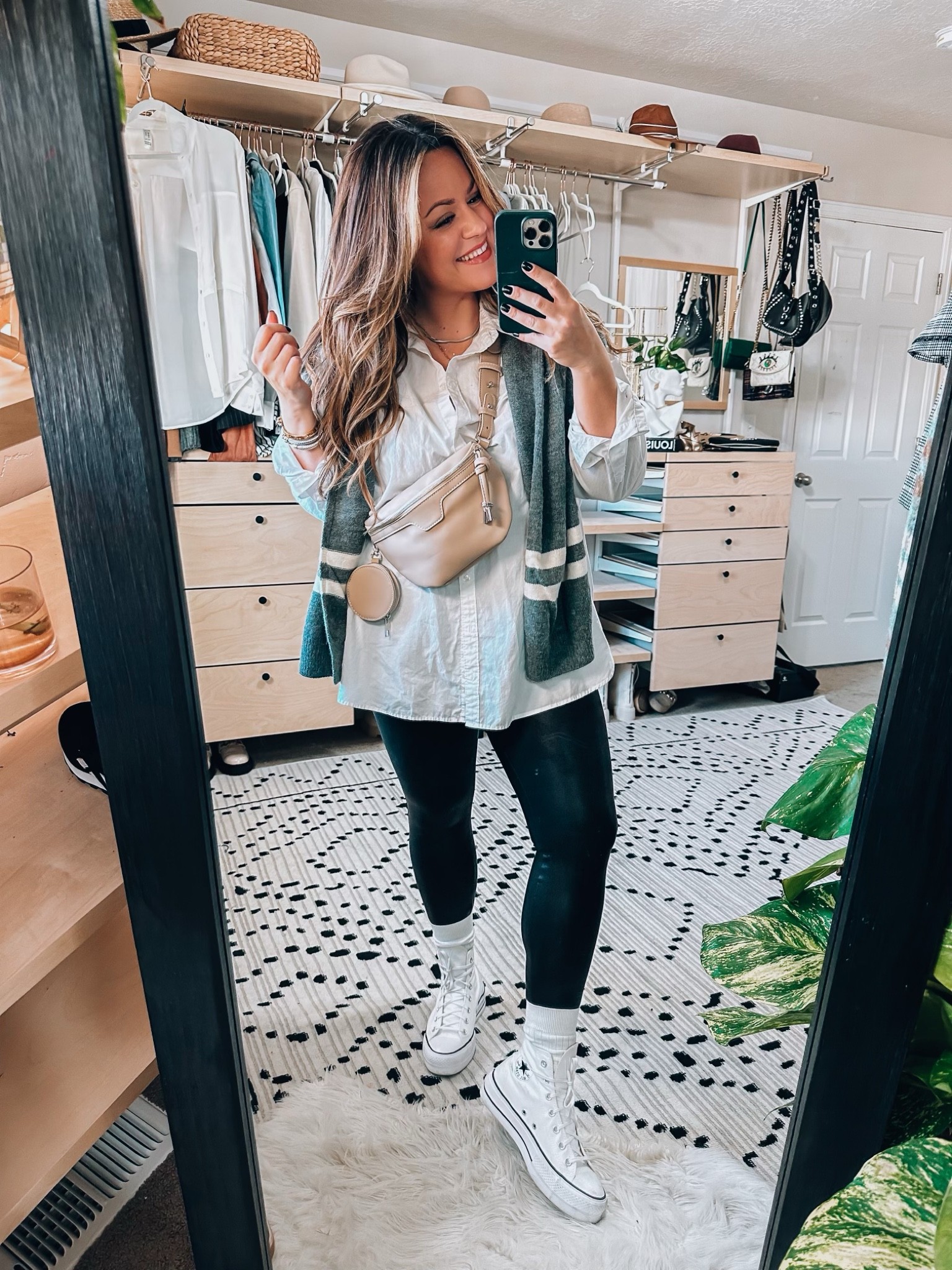 Midsize fashion Fall and winter casual outfit- size 14 faux leather leggings styling 
•Sweater hooded scarf free people 
• white boyfriend Button down - large
•Belt bag (curve friendly)  - socks & accessories Amazon fashion 
•platform high top sneakers tts 

#LTKSeasonal #LTKcurves #LTKstyletip