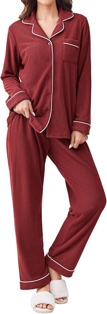 Ekouaer Women's Fleece Pajama Sets Long Sleeve Button Down Two-piece Sleepwear Soft Lounge Set | Amazon (US)