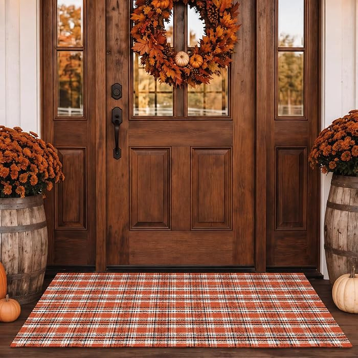 Fall Plaid Rug Rust Orange Fall Porch Decorations Outdoor Cotton Linen Doormat Autumn Halloween Thanksgiving Floor Cover for Porch Entryway Living Room Indoor Farmhouse Home | Amazon (US)
