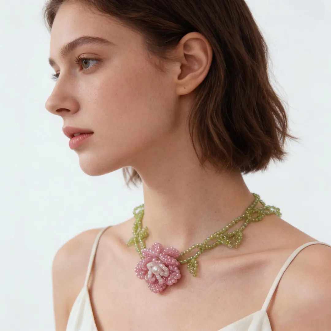 Handmade Beaded Camellia Flower Necklace, Romantic Glass Seed Bead Floral Choker, Vintage Garden ... | Etsy (US)