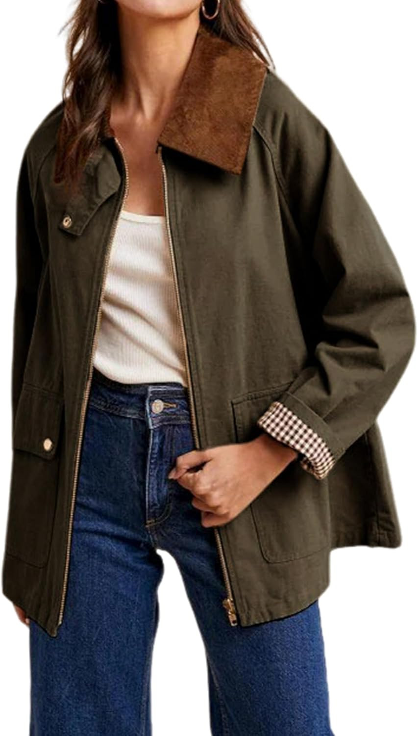 Women's Barn Jackets Fall Color Block Corduroy Collar Utility Coat Outerwear with Pockets | Amazon (US)