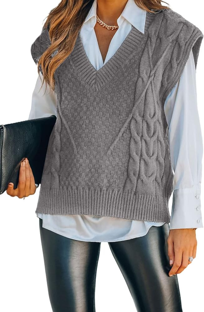 Dokotoo Sweater Vest Women Knitted V Neck Oversized Sweaters Sleeveless Knitwear Tank Tops | Amazon (US)