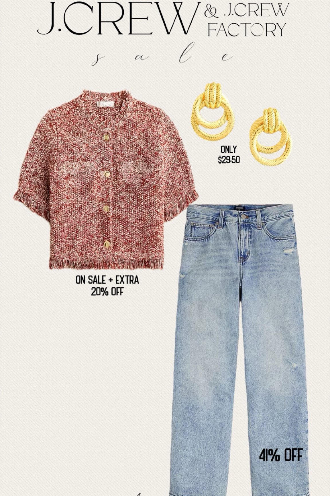 JCrew and JCrew factory outlet finds. These, 90s baggy jeans and gold earrings.  Also can’t get enough of this fringe gold button lady jacket  

Fashion over 40, fall fashion 

#LTKSeasonal #LTKFindsUnder50 #LTKSaleAlert
