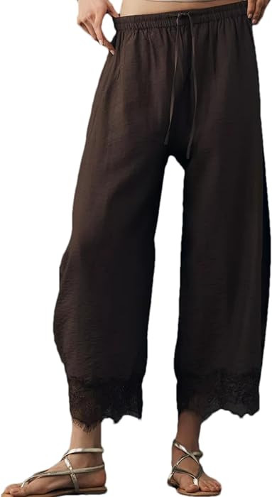 Womens Summer Cropped Lace-Hem Pant Palazzo Pants Elastic Waist Drawstring Trousers with Pockets | Amazon (US)