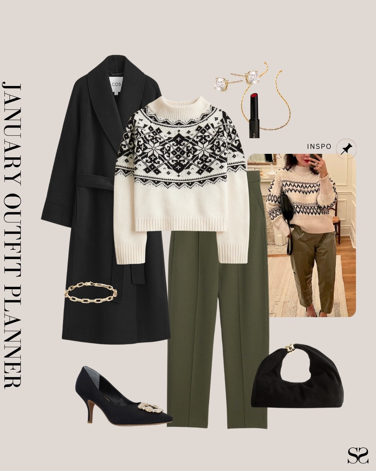 Monthly outfit planner JANUARY: Winter outfits | olive pant, fair isle sweater, long wool coat, black heel pumps, date night outfit, 

#classicstyle #LTKstyletip #winteroutfit #dressycasual

Image inspo credit: Pinterest 

#LTKSeasonal #LTKootd #LTKgrwm