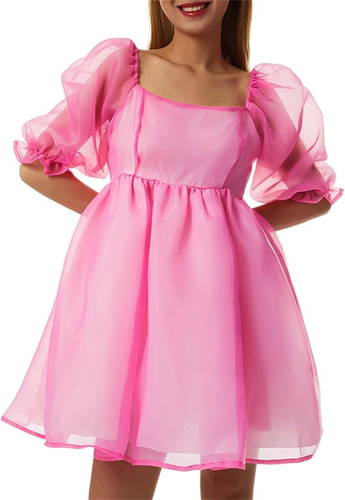 Women Princess Puff Dress Retro Mesh Ruffle Lolita Off Shoulder Square Collar A Line Loose Slim B... | Amazon (UK)