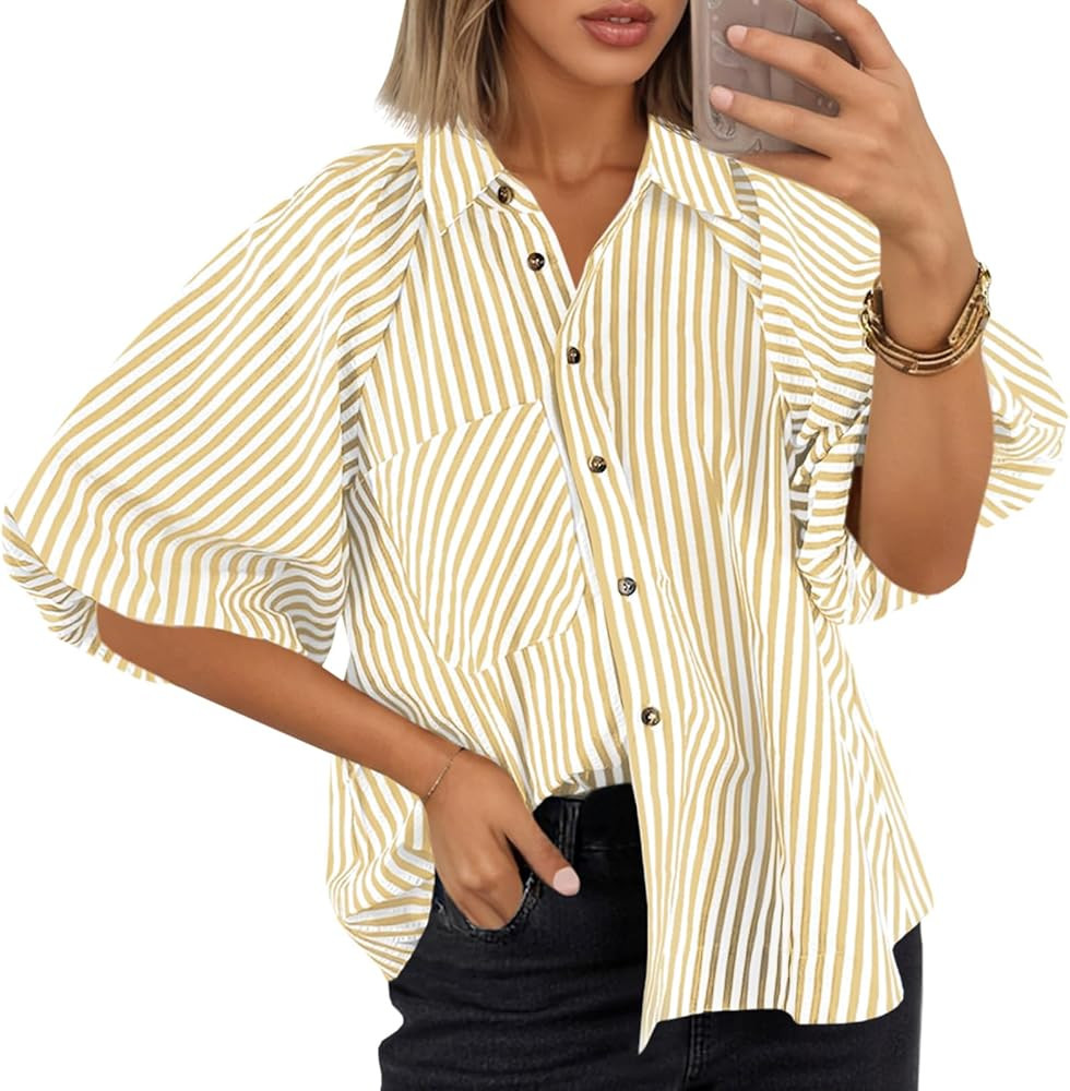 Tankaneo Womens Short Puff Sleeve Button Down Shirts Striped Trendy Casual Loose Fit Blouse V Nec... | Amazon (US)