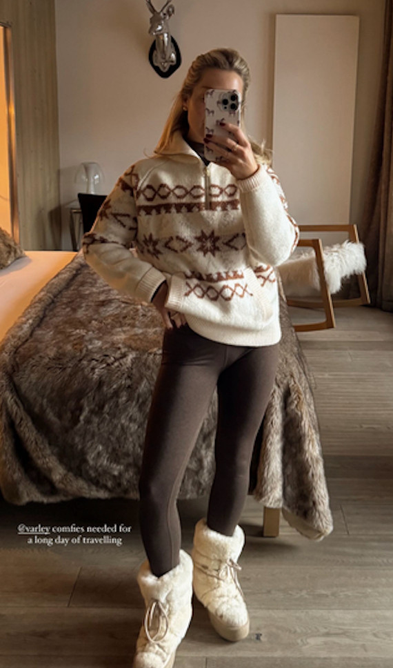 Varley Cai Fair Isle Half-Zip Sweater, Varley brown leggings, cosy outfit, ski outfit, layering, winter fashion, winter holiday outfit, snow boots, knitwear 

 #LTKuk #LTKwinter #LTKstyletip