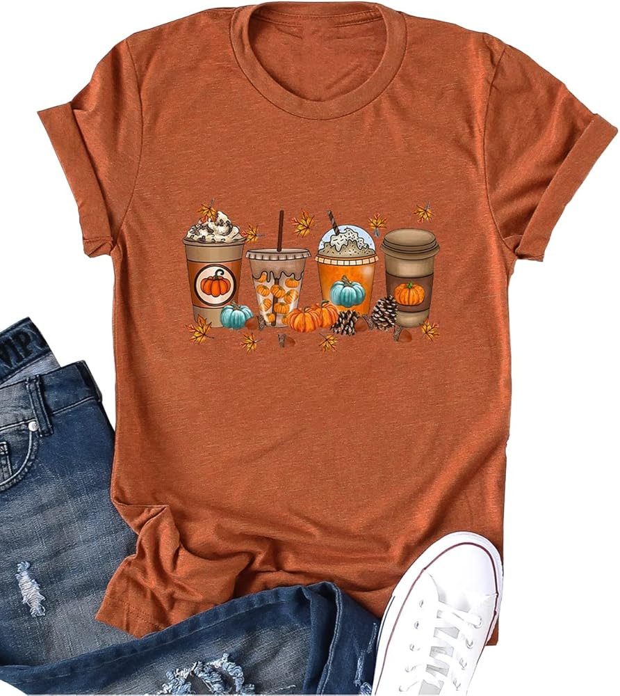 Ykomow Pumpkin Spice Coffee Latte T Shirt Womens Fall Autumn Thanksgiving Graphic Tees | Amazon (US)