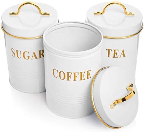 White Tea Coffee Sugar Canister Set with Airtight Lids for Fresher Goods - Farmhouse Canisters fo... | Amazon (US)