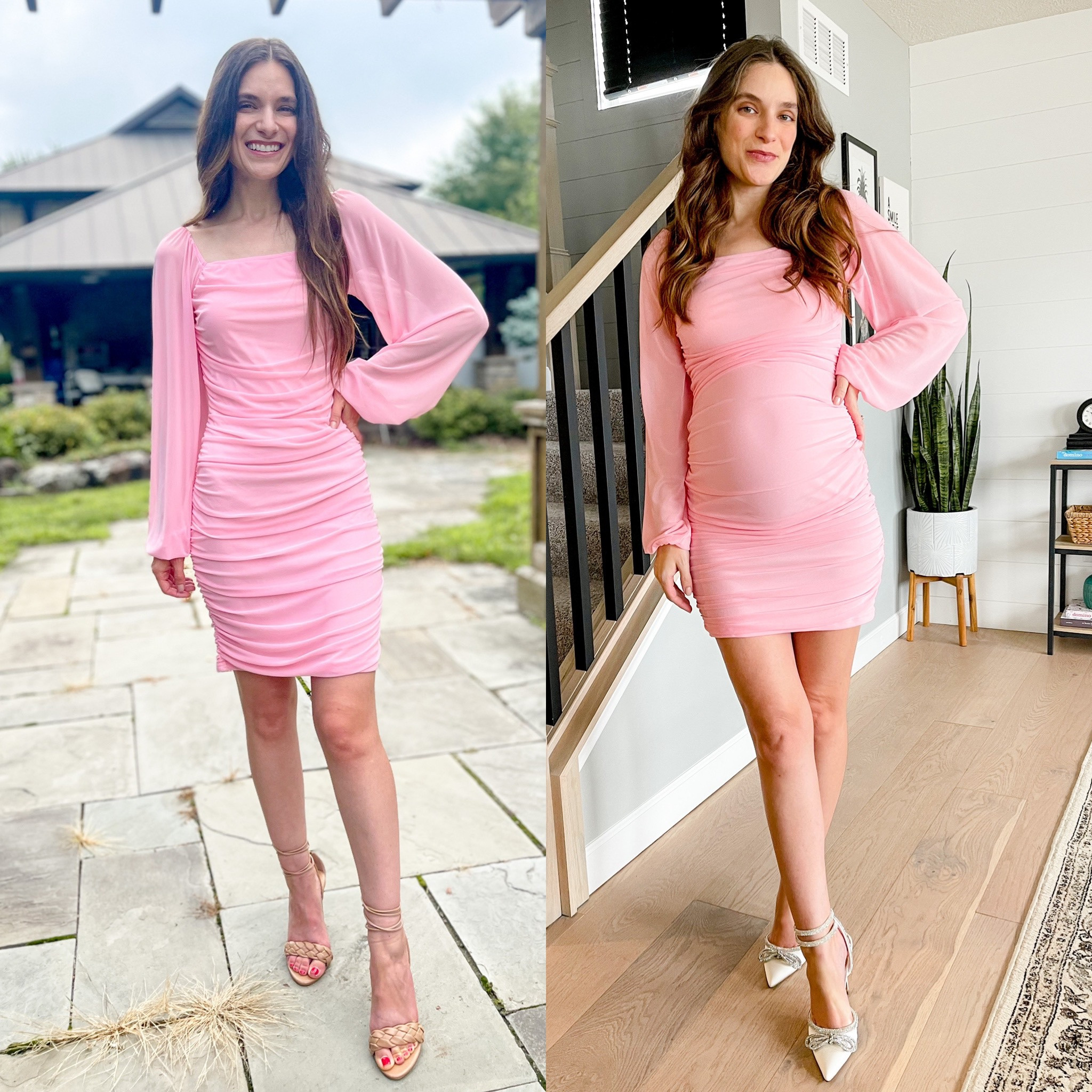 Amazon dress fits tts and has a lot of stretch. Same dress in both photos now fits my growing 28 week belly. Sandals from Express fit tts. White heels from Express fit 1/2 size small size up. 

#LTKunder50 #LTKbump #LTKshoecrush