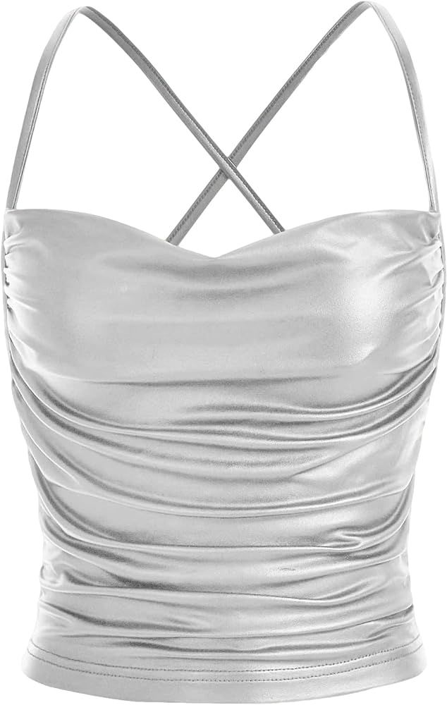 Floerns Women's PU Leather Crisscross Backless Cowl Neck Draped Crop Cami Top | Amazon (US)