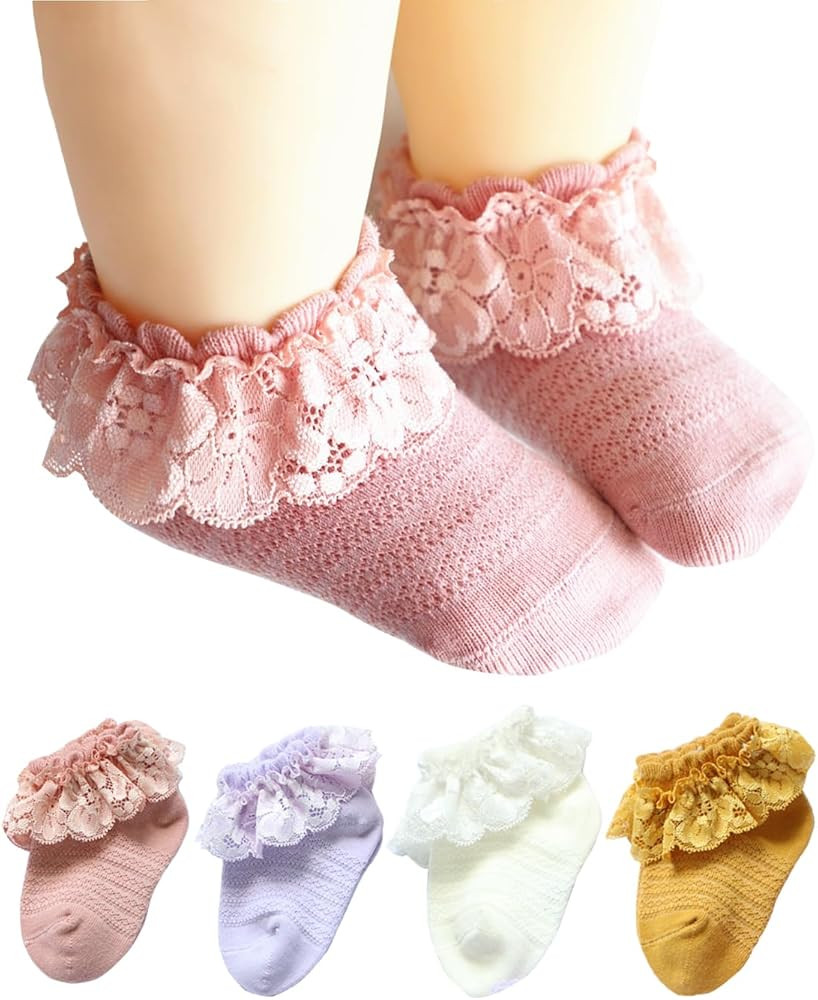 Newborn Baby Girls Socks Lace Socks for Infant Ruffle Eyelet Princess Socks Cotton,4Pack | Amazon (US)