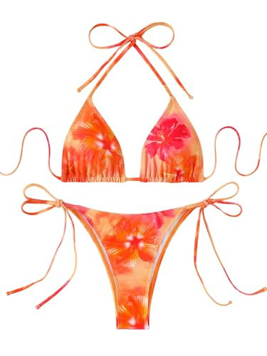 SEGT Women's 2 Piece Floral Print Halter Neck Tie Bikini Set Triangle String Thong Swimsuit Summer Bathing Suits for Women Orange Floral L | Amazon (US)