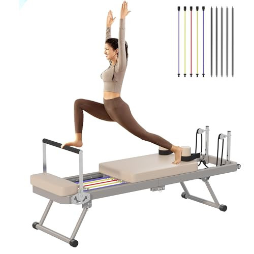 soges Foldable Pilates Reformer Machine for Home Gym, Pilates Workout Equipment for Beginner, Cardio Fitness High Strength Rebounder, Up to 300 lbs Weight Capacity,Beige&Silver | Amazon (US)
