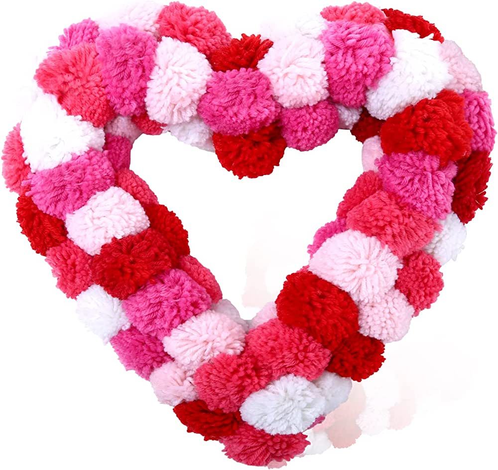 Valentine's Day Heart Wreaths for Front Door, Pink Wool Felt Pom Pom Balls Engagement Wedding Par... | Amazon (US)