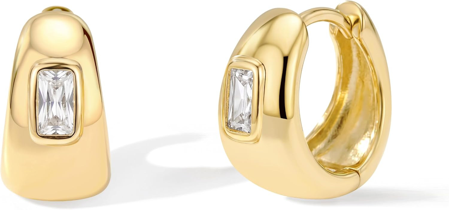 SUNNYOUTH 14K Gold & Silver Plated Hypoallergenic Chunky Huggie Hoop Earrings for Women, Trendy Statement CZ Hoops, Stackable for Multiple Piercings | Amazon (US)