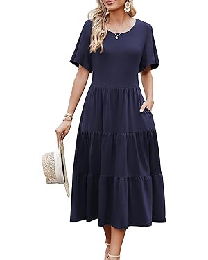 Zeagoo Women's Summer Dress Midi Floral Flutter Short Sleeve Casual Dresses with Pockets Tiered F... | Amazon (US)