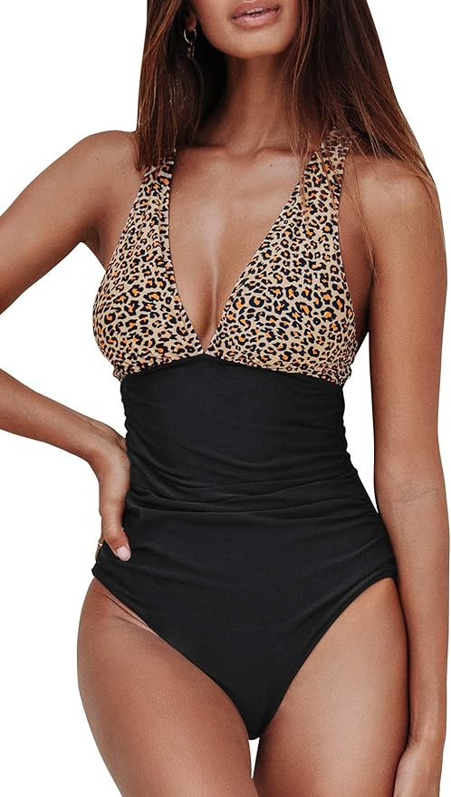 CUPSHE Women's One Piece Swimsuit V Neck Tummy Control Cross Back Vintage Swimwear Bathing Suits | Amazon (US)