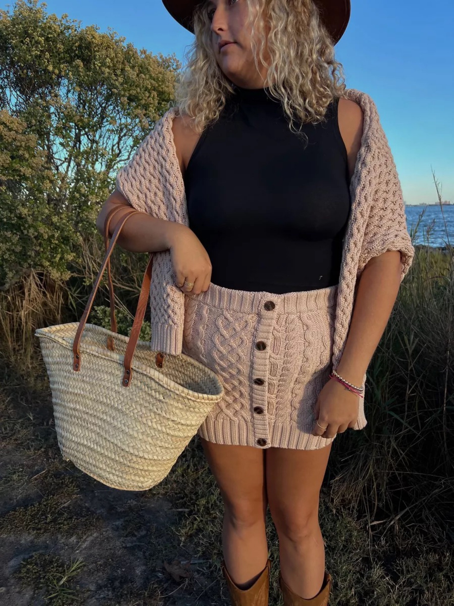 Fall transitional outfit, revolve sweater skirt set, wicker bag, billini boots, cowboy boots, bodysuit, thanksgiving outfit, fall fashion, fall outfit

#LTKstyletip #LTKHoliday #LTKmidsize