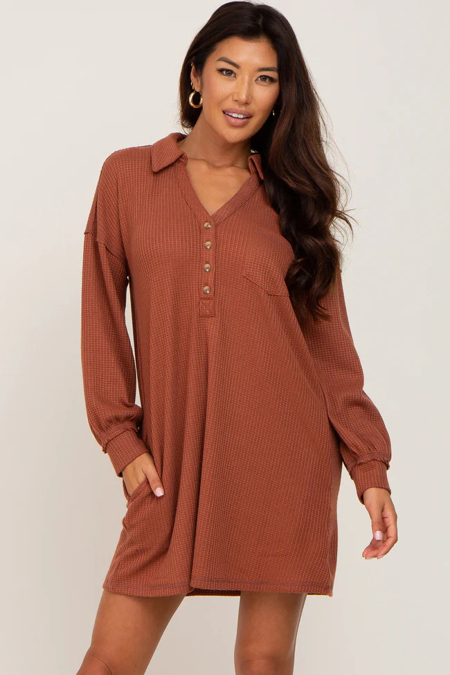 Rust Waffle Knit Collared Long Sleeve Dress | PinkBlush Maternity