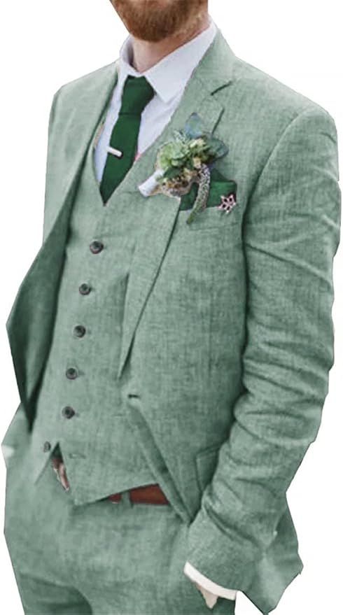 Retro Linen Men Suit Beach Wedding Suit Summer Slim Fit 3 Pieces Light Weight Linen Suit Jacket V... | Amazon (US)