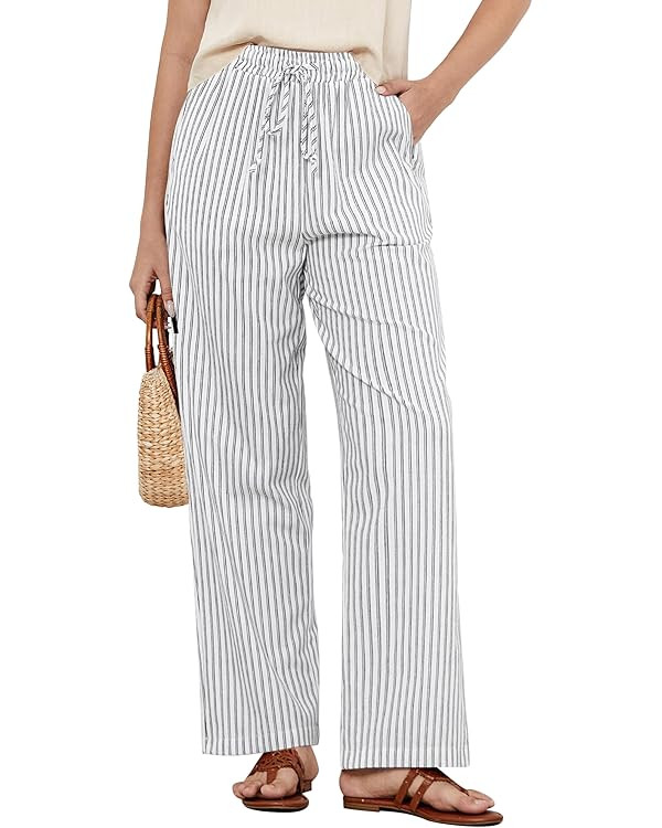 GRAPENT Striped Pants for Women High Waisted Wide Leg Cotton Linen Trendy Beach Pull on Elastic W... | Amazon (US)