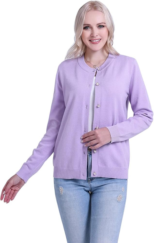 SMILING PINKER Women Cardigan Sweater Crewneck Pearl Button Knitted Tops Medium Weight | Amazon (US)
