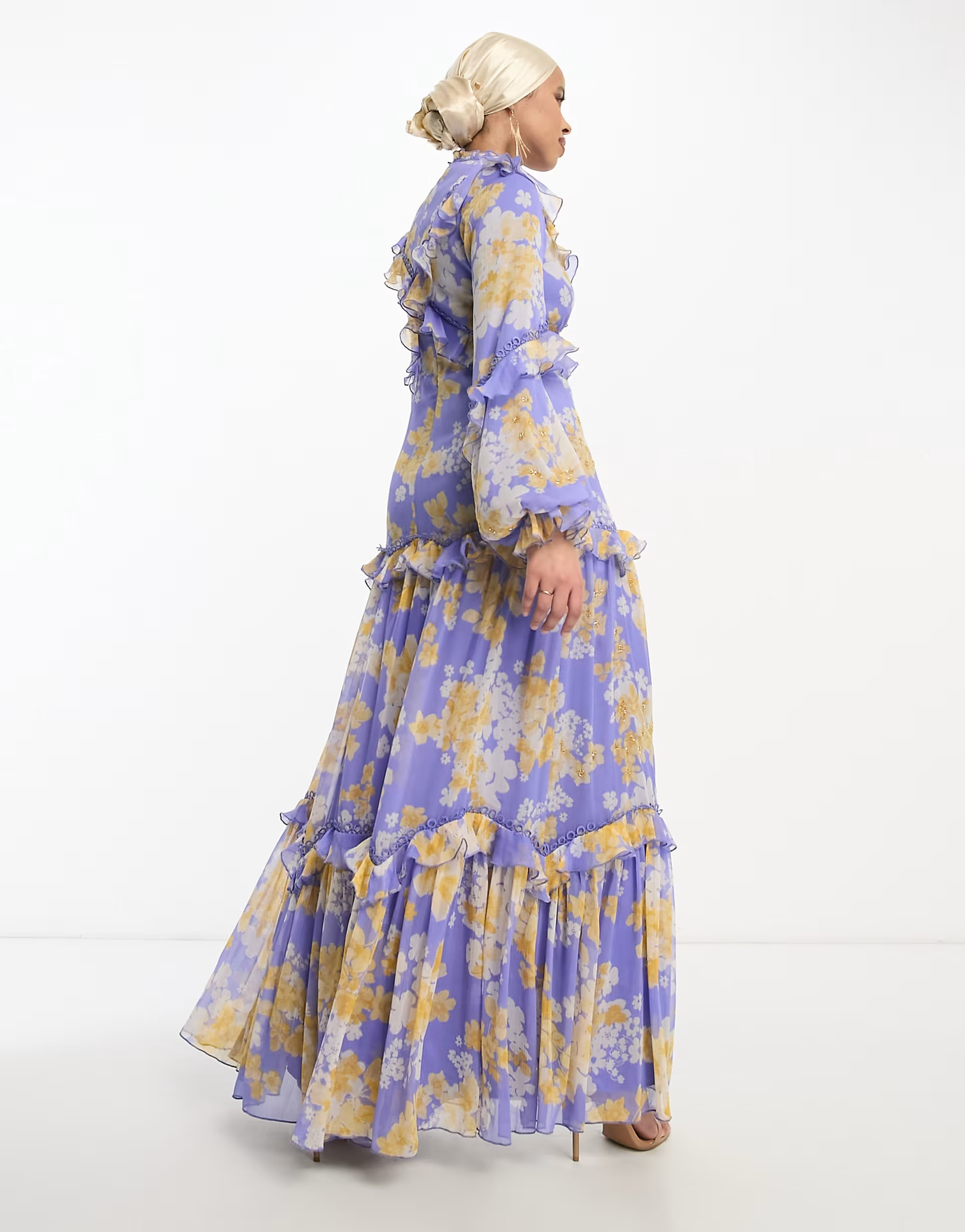 ASOS DESIGN embellished lace trim maxi dress with blouson sleeve in lilac floral print | ASOS (Global)