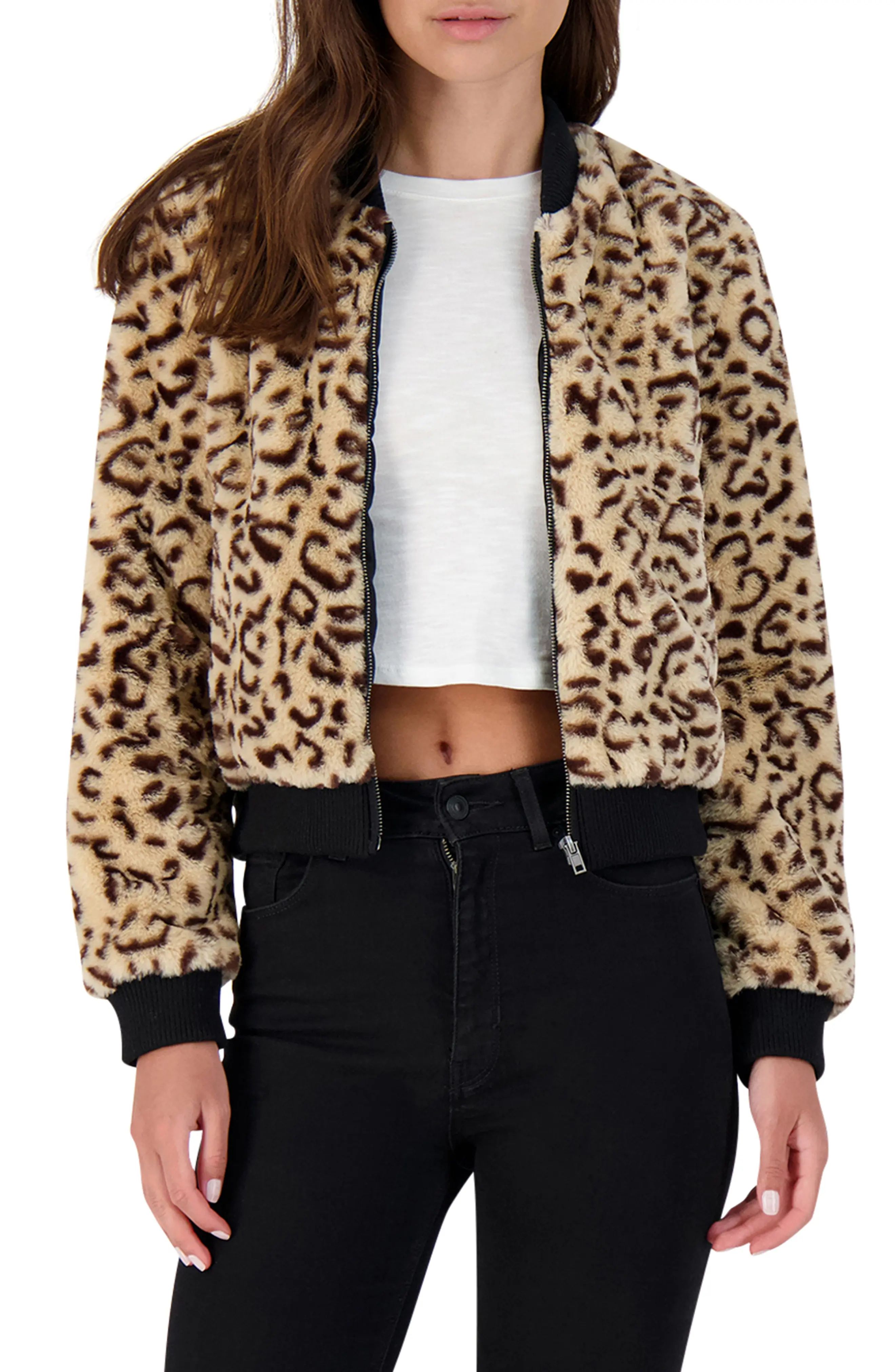 Women's Bb Dakota Meow Factor Leopard Print Faux Fur Bomber Jacket, Size Medium - Brown | Nordstrom