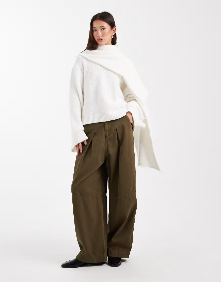 ASOS DESIGN knit wool blend sweater with attached scarf in cream-White | ASOS (Global)